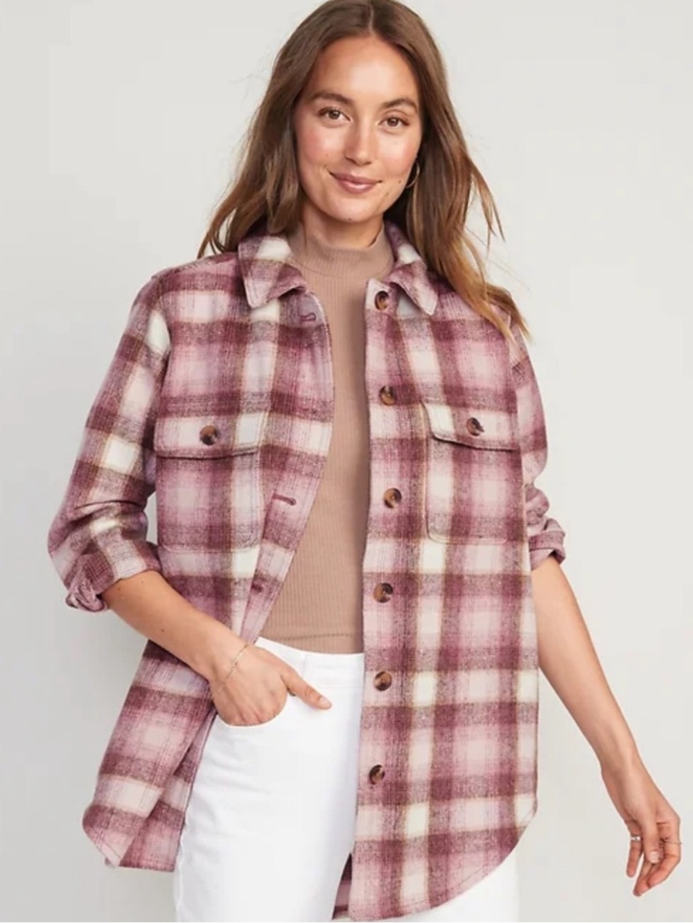 Old Navy Women's Pink and Cream Plaid Jacket